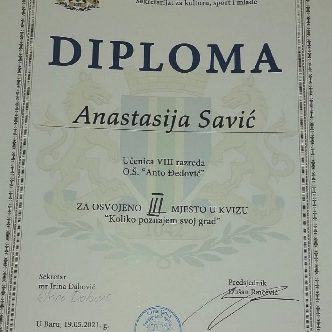 diploma za osvojeno III mjesto